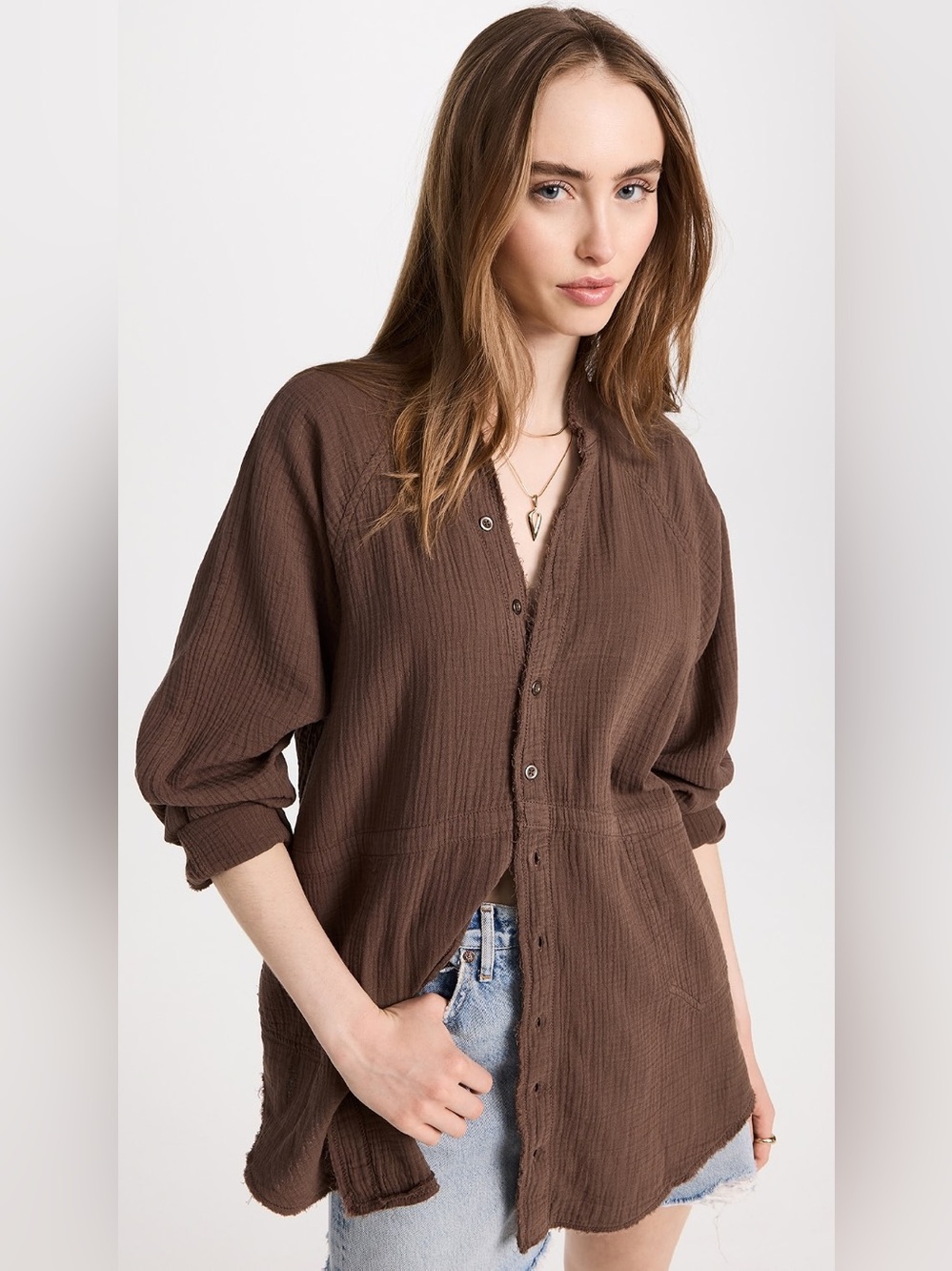 Free People We the Free Summer Daydream Cotton Long Sleeve Button Down Brown L